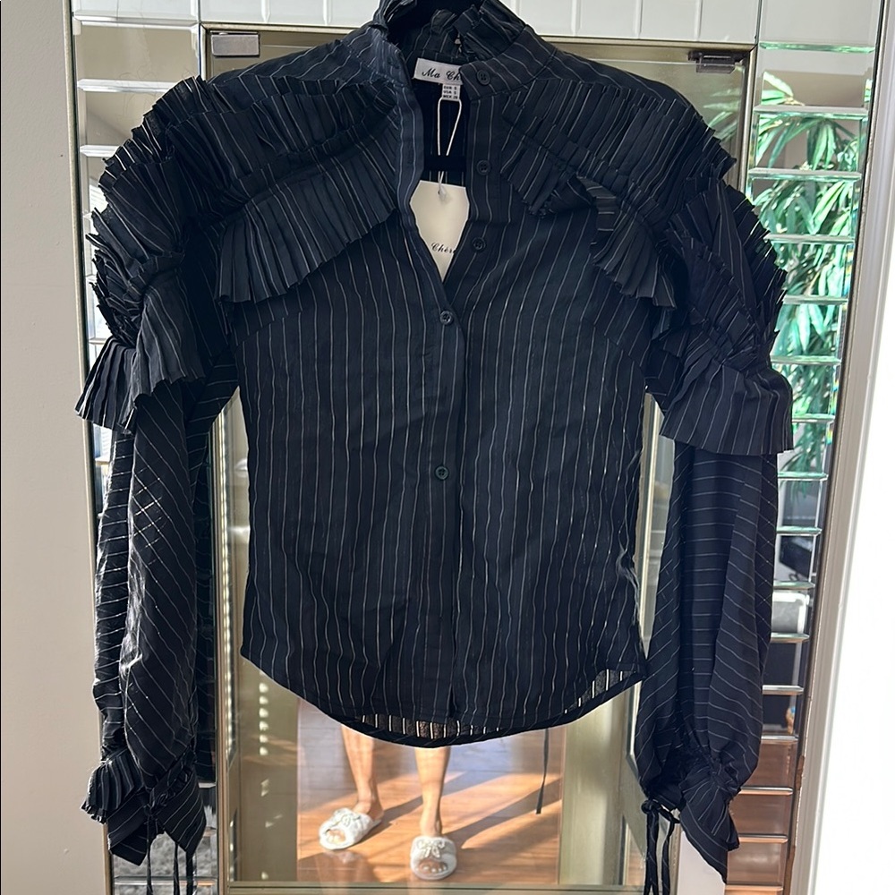 Mia Vesper Black Pinstripe Ruffled Blouse
